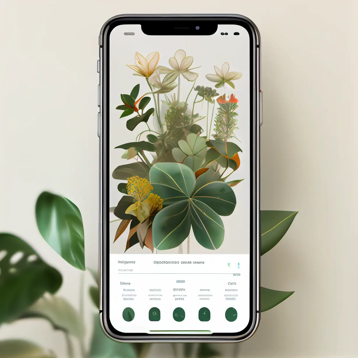 photography of an iphone [with a modern user interface of [vector illustration of plants] plant identification app on the screen] inspired by Behance and Figma and dribbble,